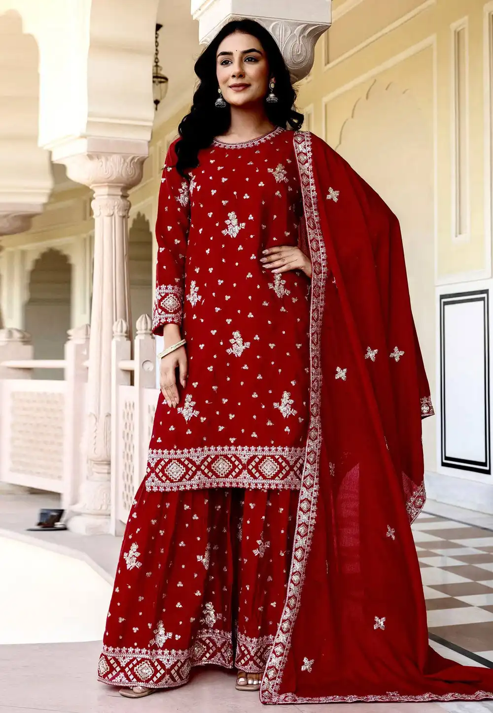 Maroon Chinon Silk Readymade Sharara Suit 321875
