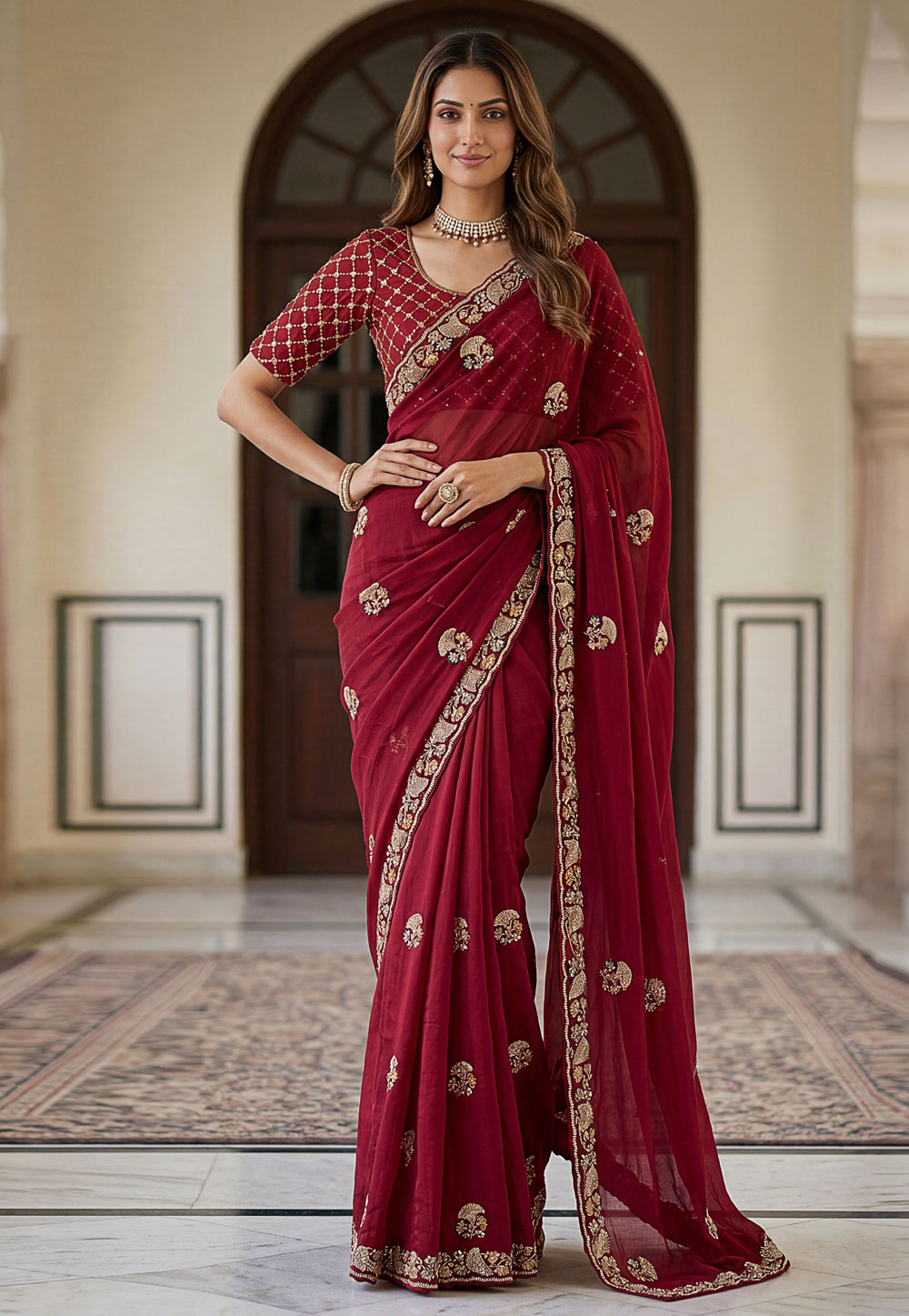 Maroon Chinon Silk Saree With Blouse 327664