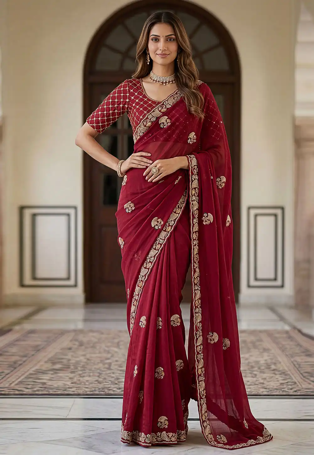 Maroon Chinon Silk Saree With Blouse 327664