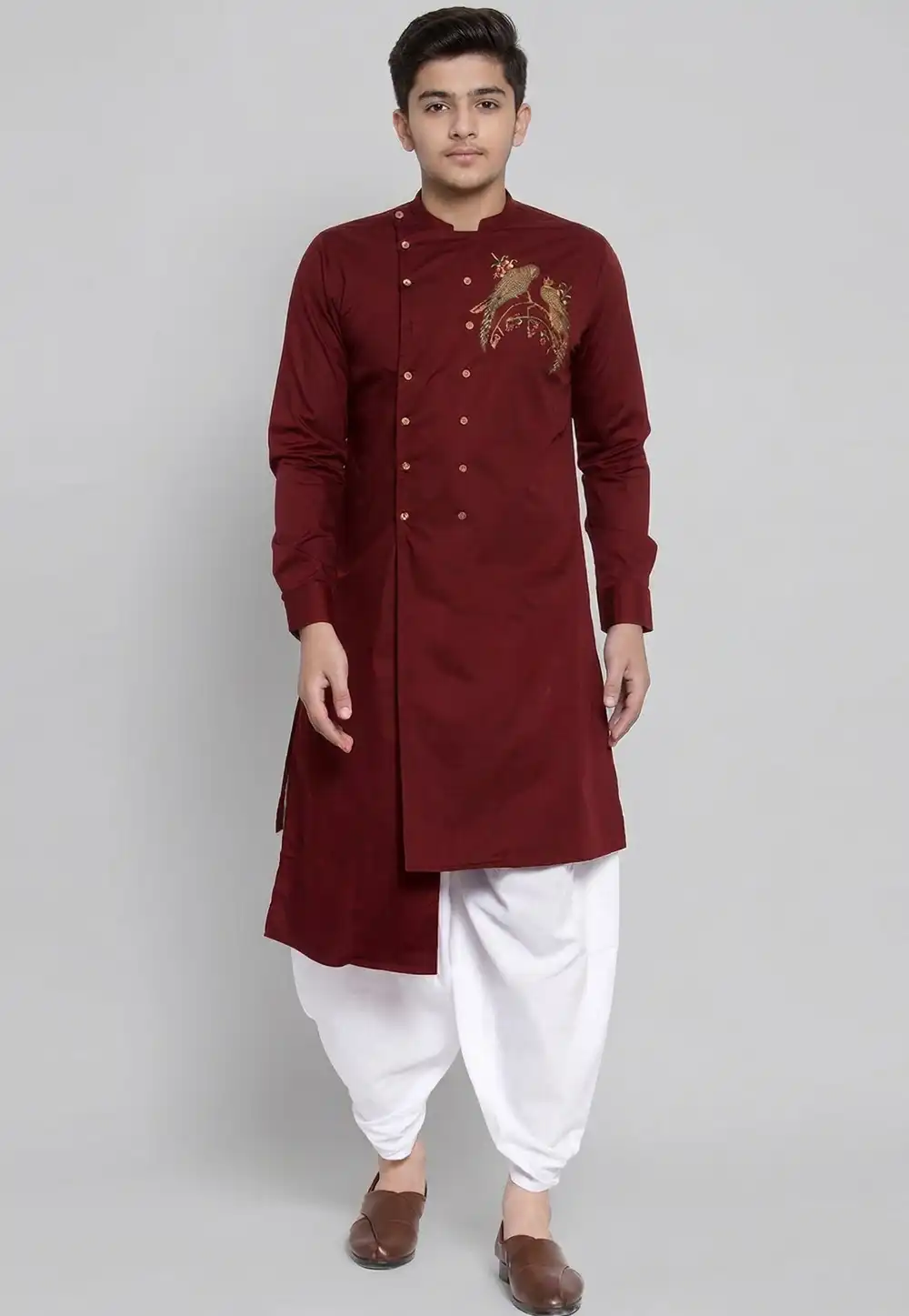 Maroon Cotton Kids Dhoti Kurta 329312