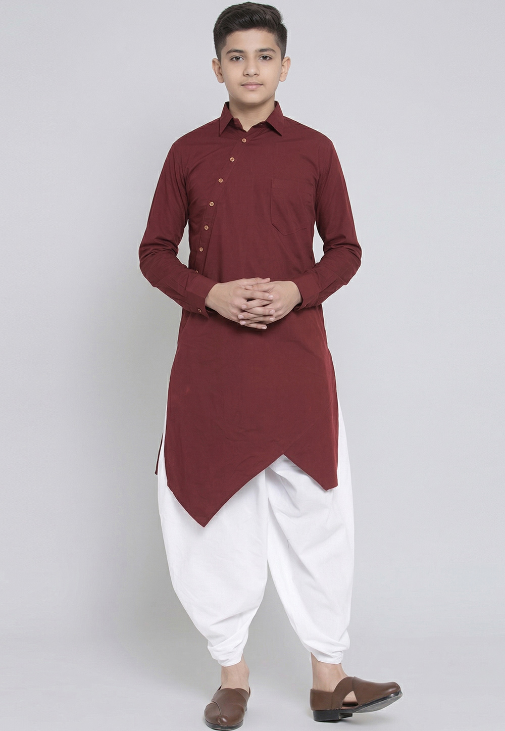 Maroon Cotton Kids Dhoti Kurta 326656