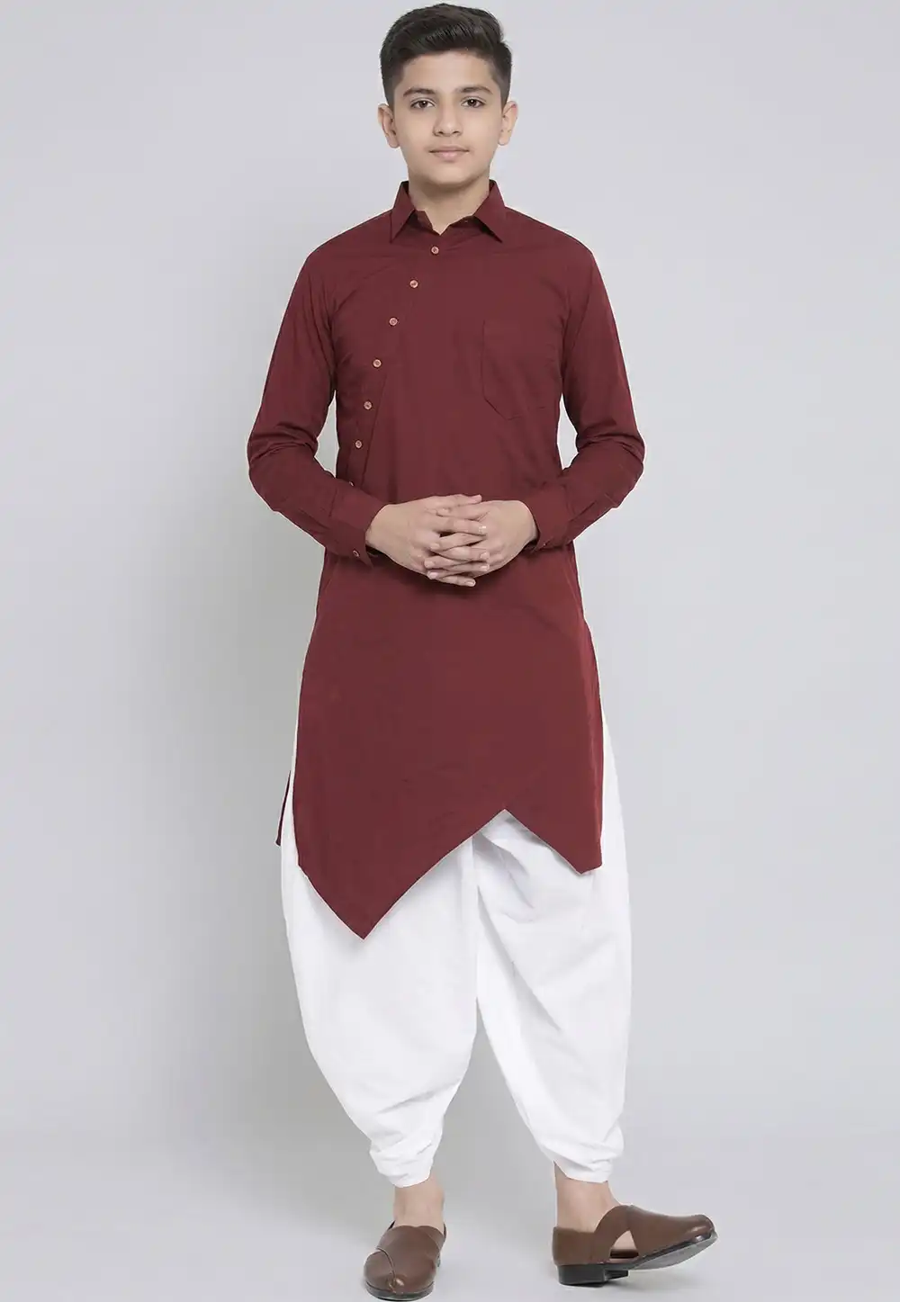 Maroon Cotton Kids Dhoti Kurta 326656