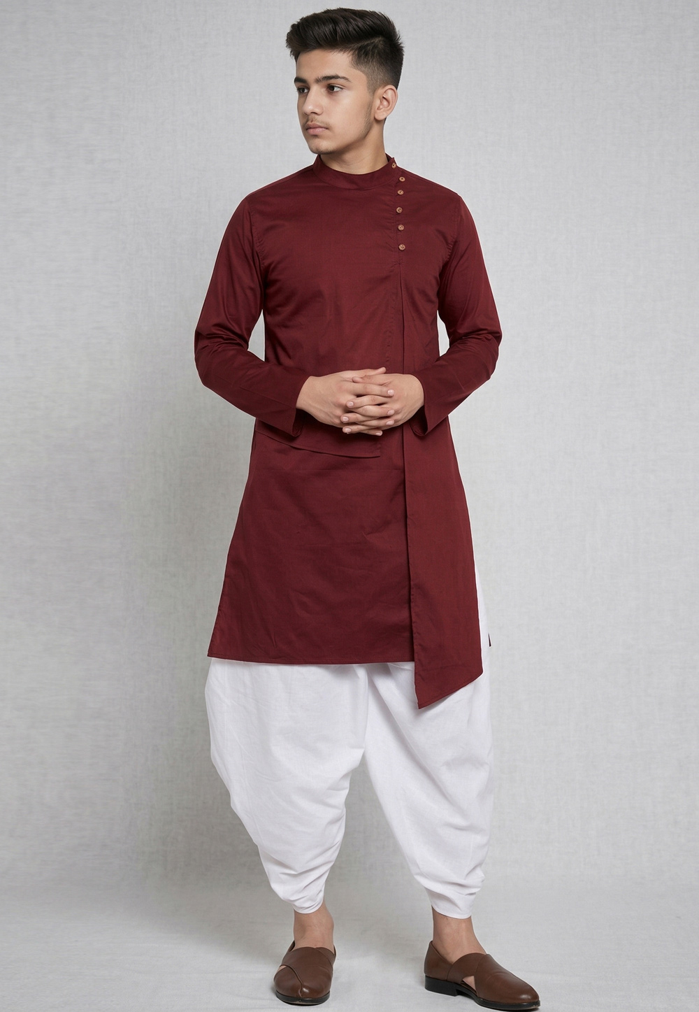 Maroon Cotton Kids Dhoti Kurta 326660