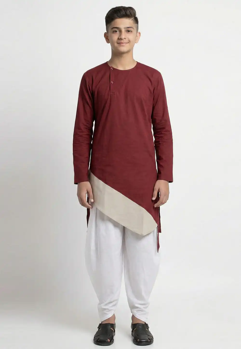 Maroon Cotton Kids Dhoti Kurta 325633