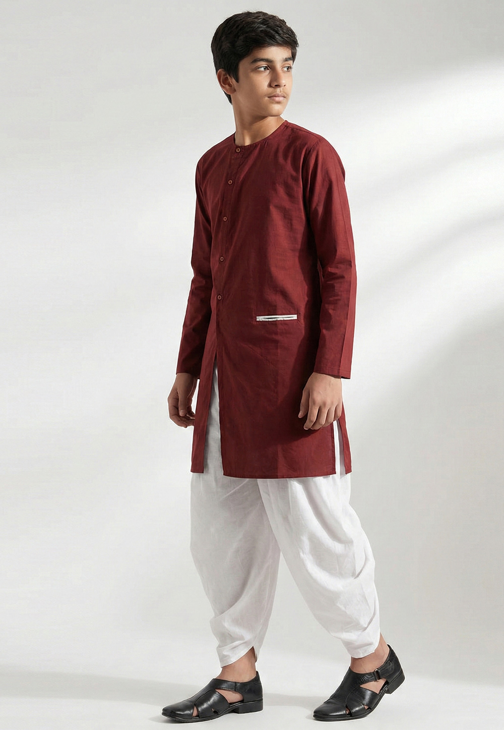 Maroon Cotton Kids Dhoti Kurta 325639