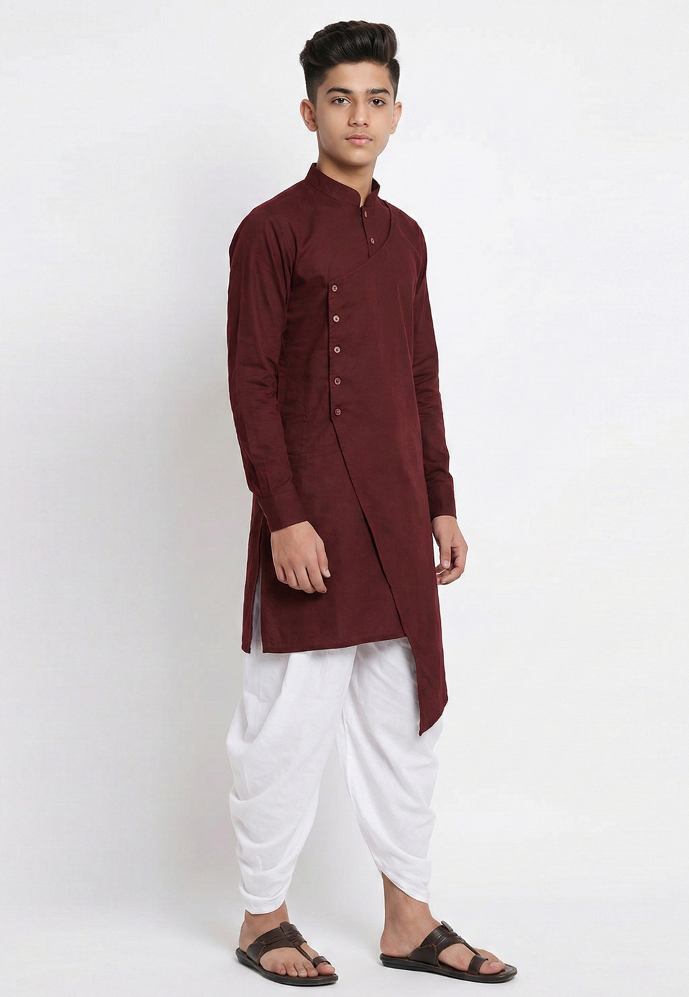 Maroon Cotton Kids Dhoti Kurta 325647