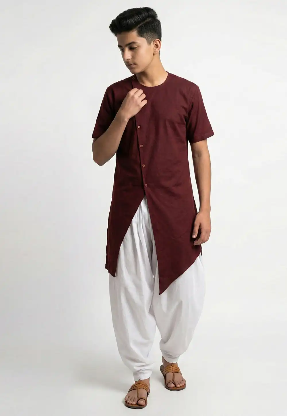 Maroon Cotton Kids Dhoti Kurta 325649
