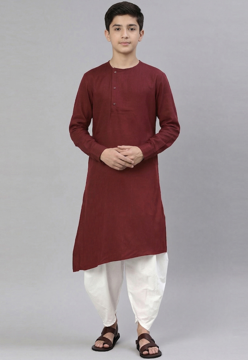 Maroon Cotton Kids Dhoti Kurta 326633