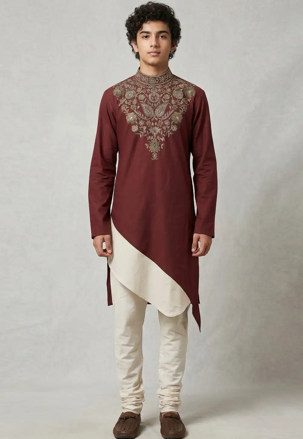 Maroon Cotton Kids Kurta Pajama 329319