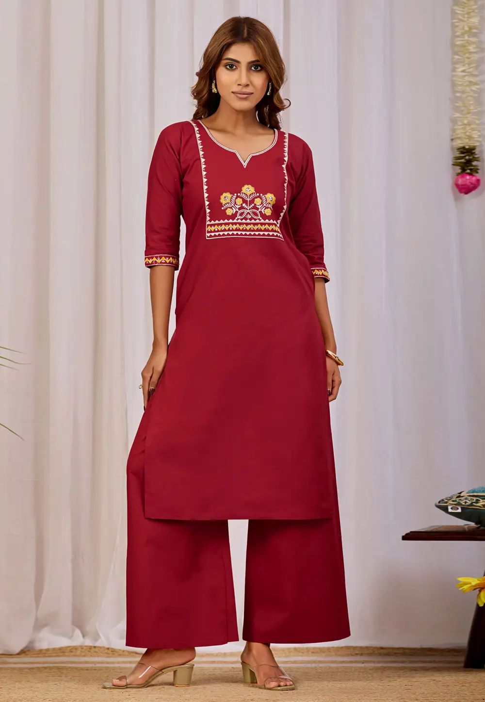 Maroon Cotton Kurta Set With Palazzo 333176