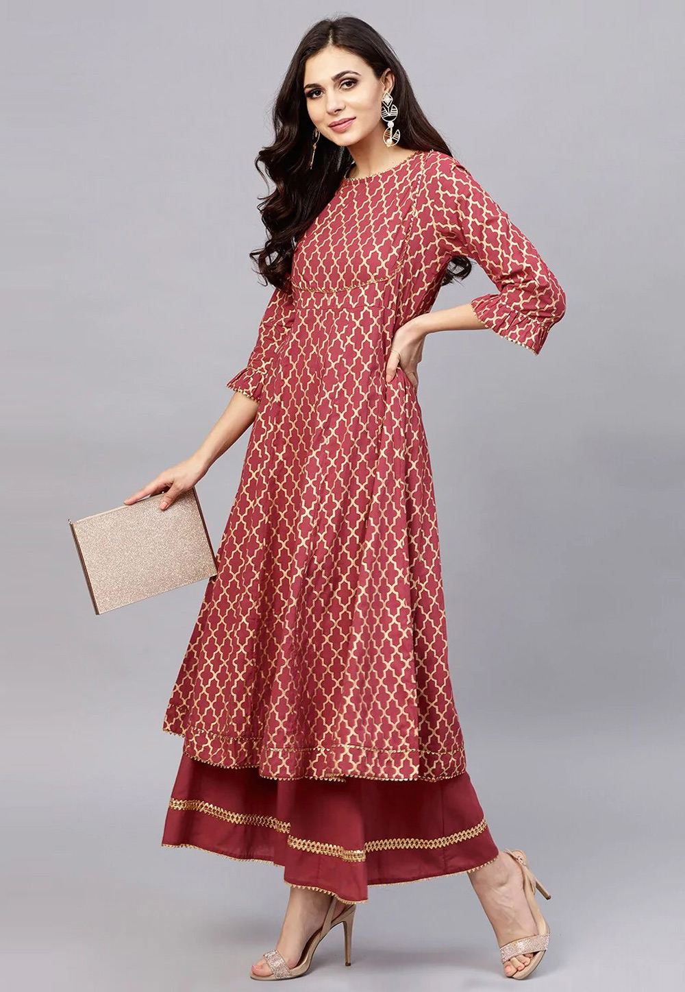 Maroon Cotton Kurta Set With Palazzo 281334