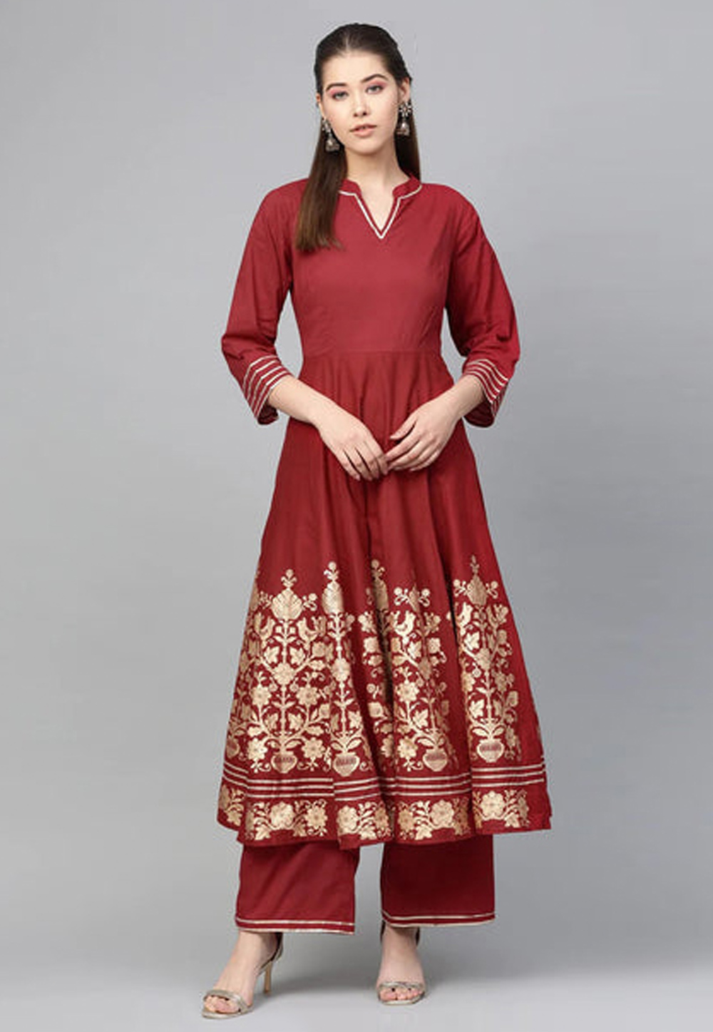 Maroon Cotton Kurta Set With Palazzo 281370