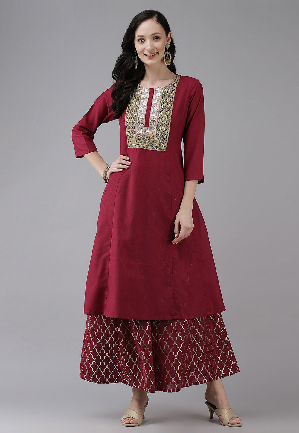 Maroon Cotton Kurta Set With Palazzo 281406