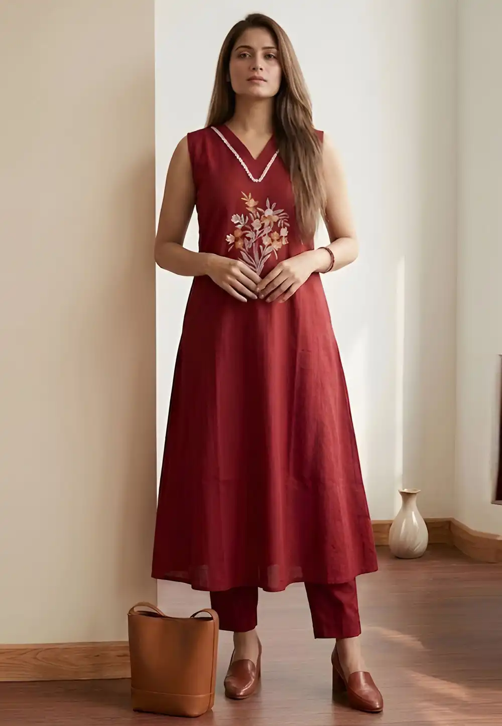 Maroon Cotton Kurta Set With Pant 330620