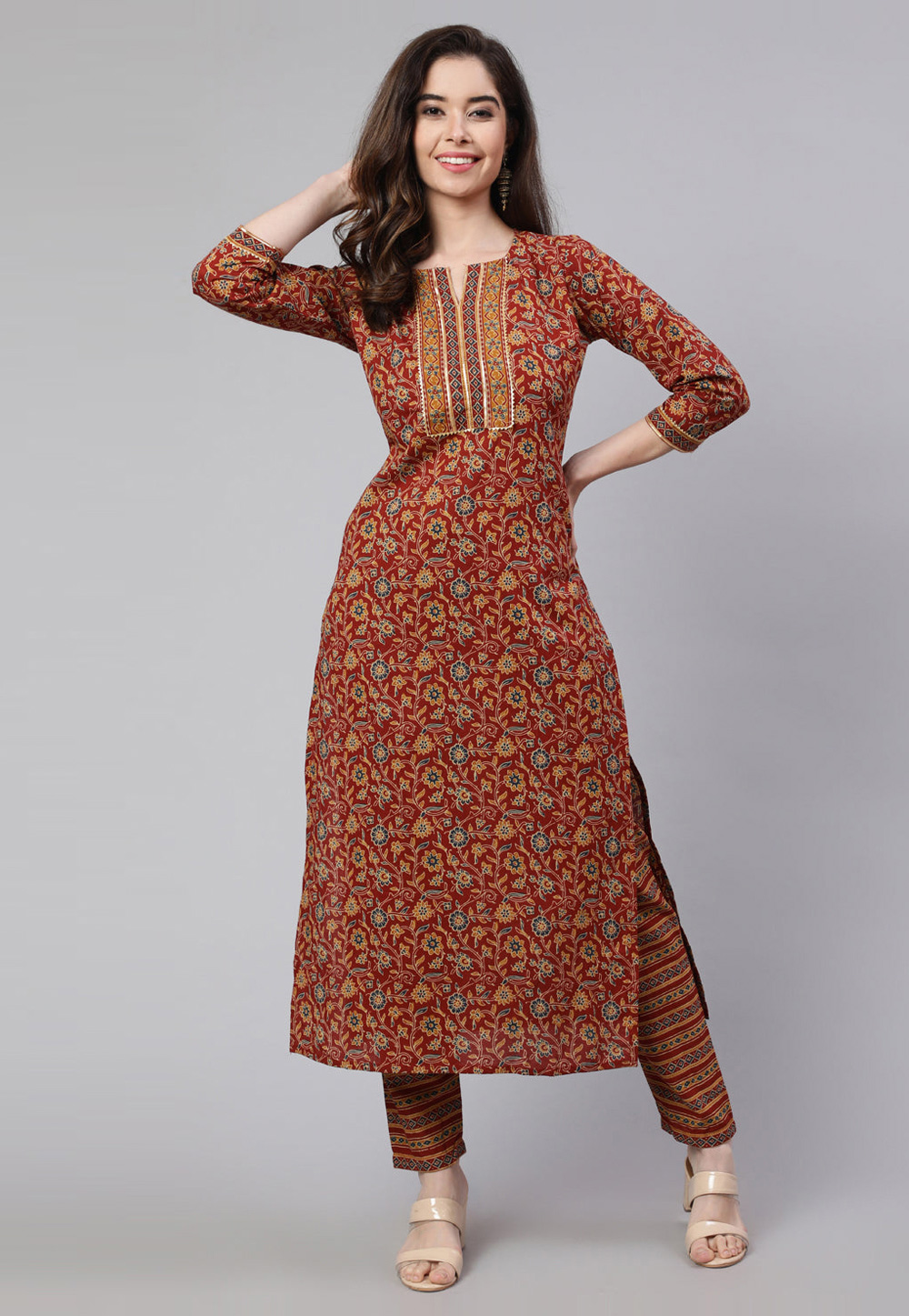 Maroon Cotton Kurta Set With Pent 282143