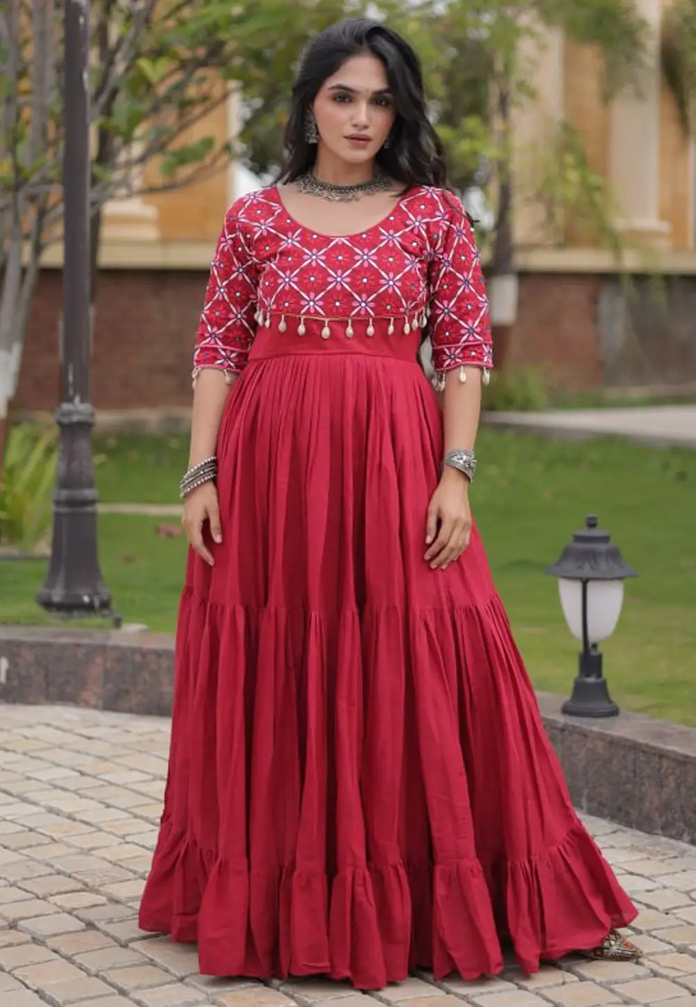 Maroon Cotton Navratri Wear Gown 335193
