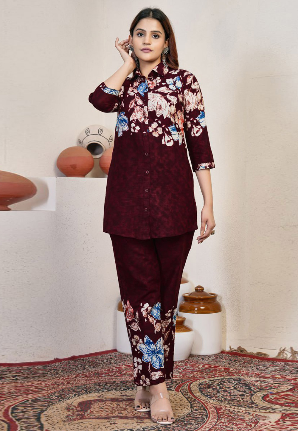 Maroon Cotton Printed Co-Ords Set 320031