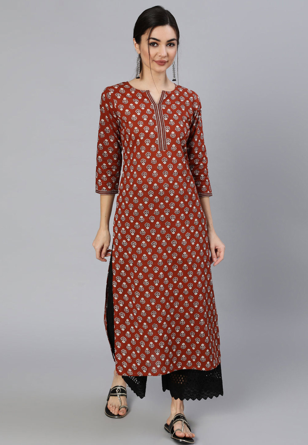 Maroon Cotton Printed Long Kurti 282695