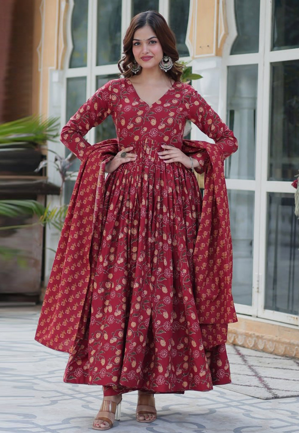 Maroon Cotton Readymade Anarkali Suit 308845