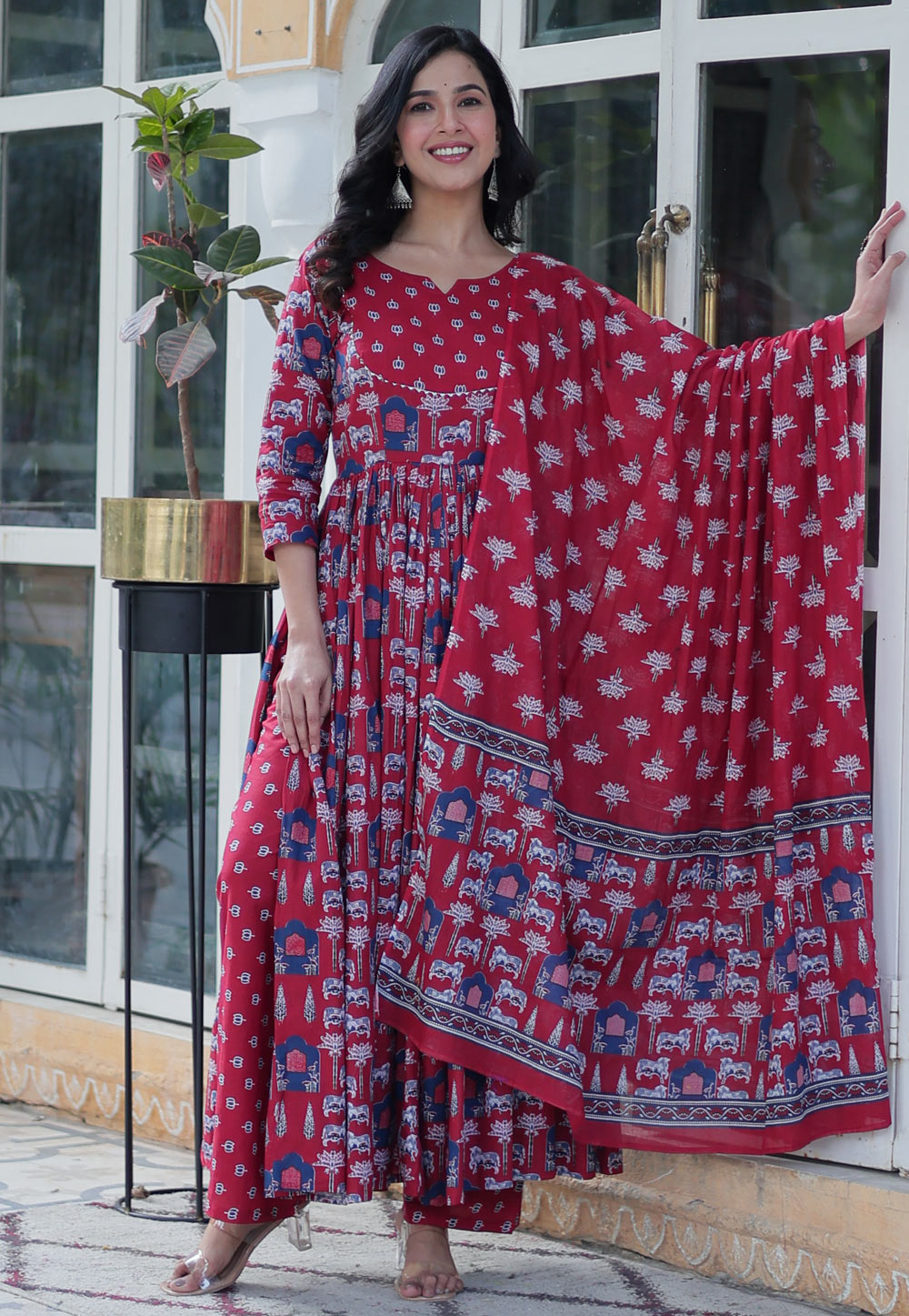 Maroon Cotton Readymade Anarkali Suit 307144