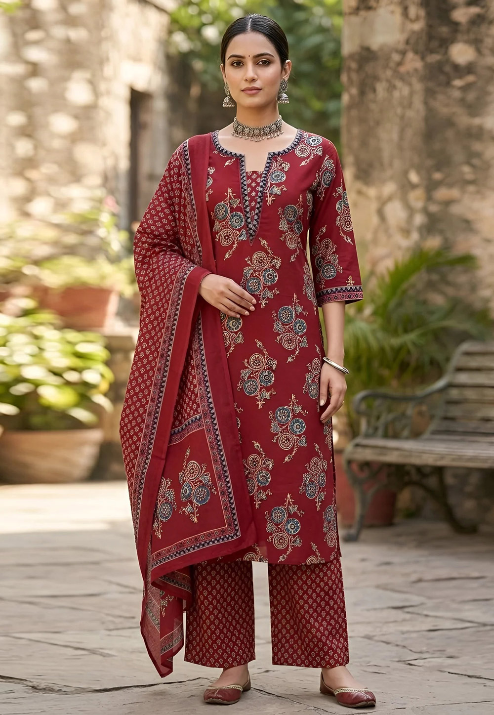 Maroon Cotton Readymade Pakistani Suit 326786