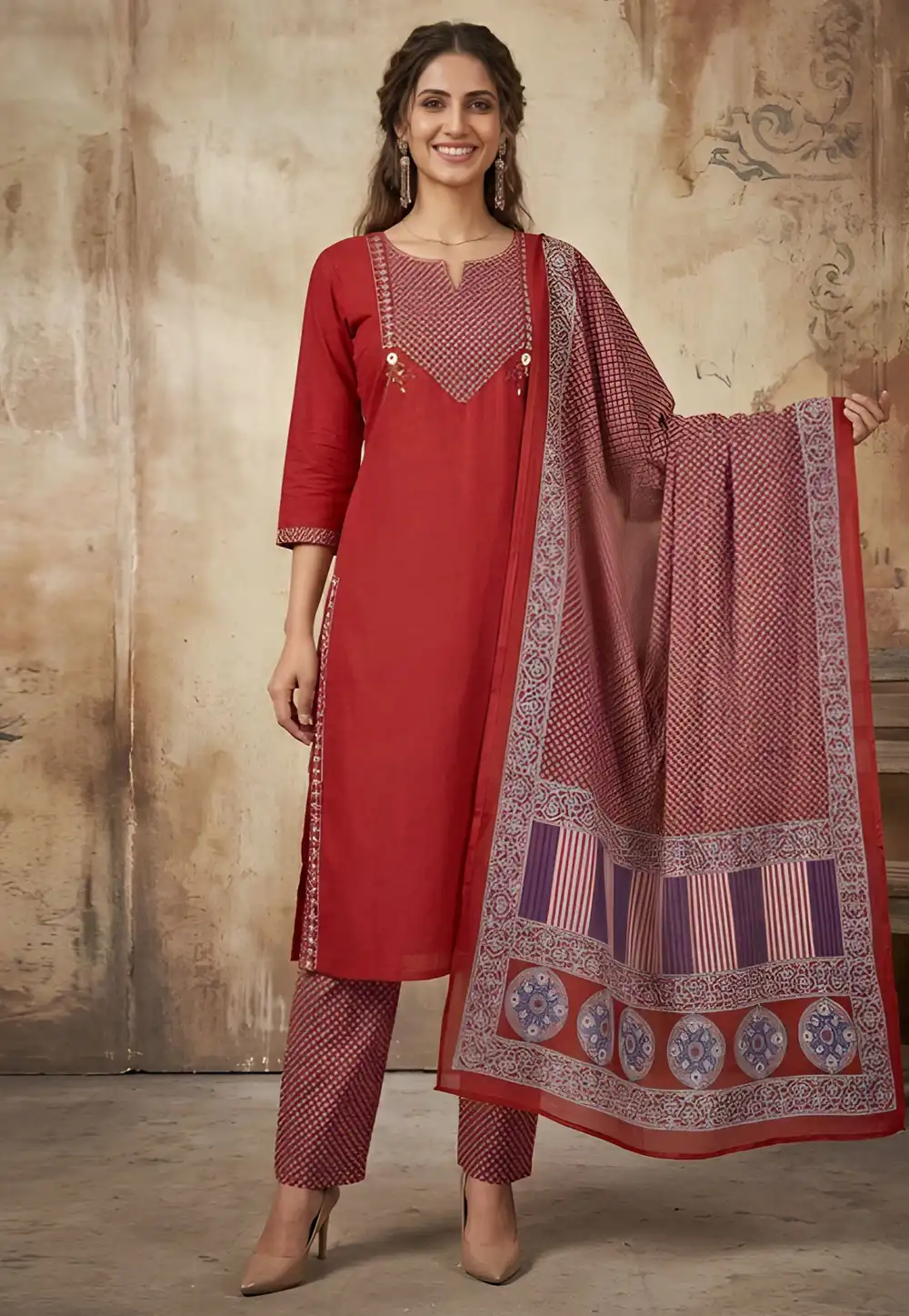 Maroon Cotton Readymade Pakistani Suit 330589