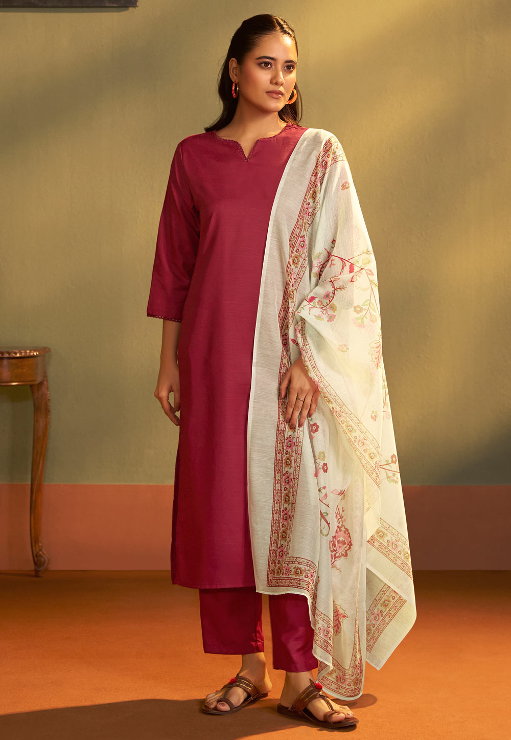Maroon Cotton Readymade Pakistani Suit 321826