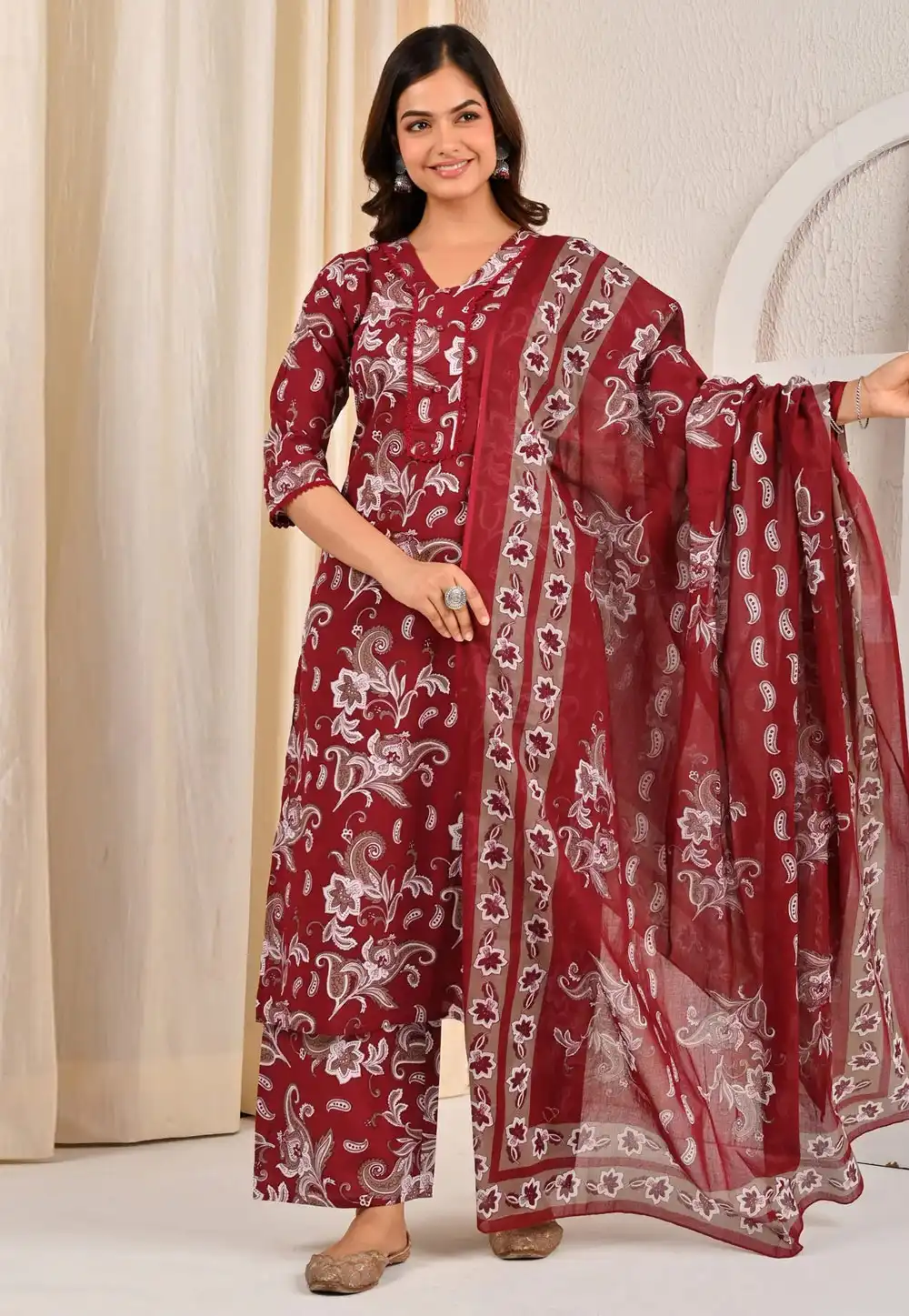 Maroon Cotton Readymade Palazzo Suit 314842