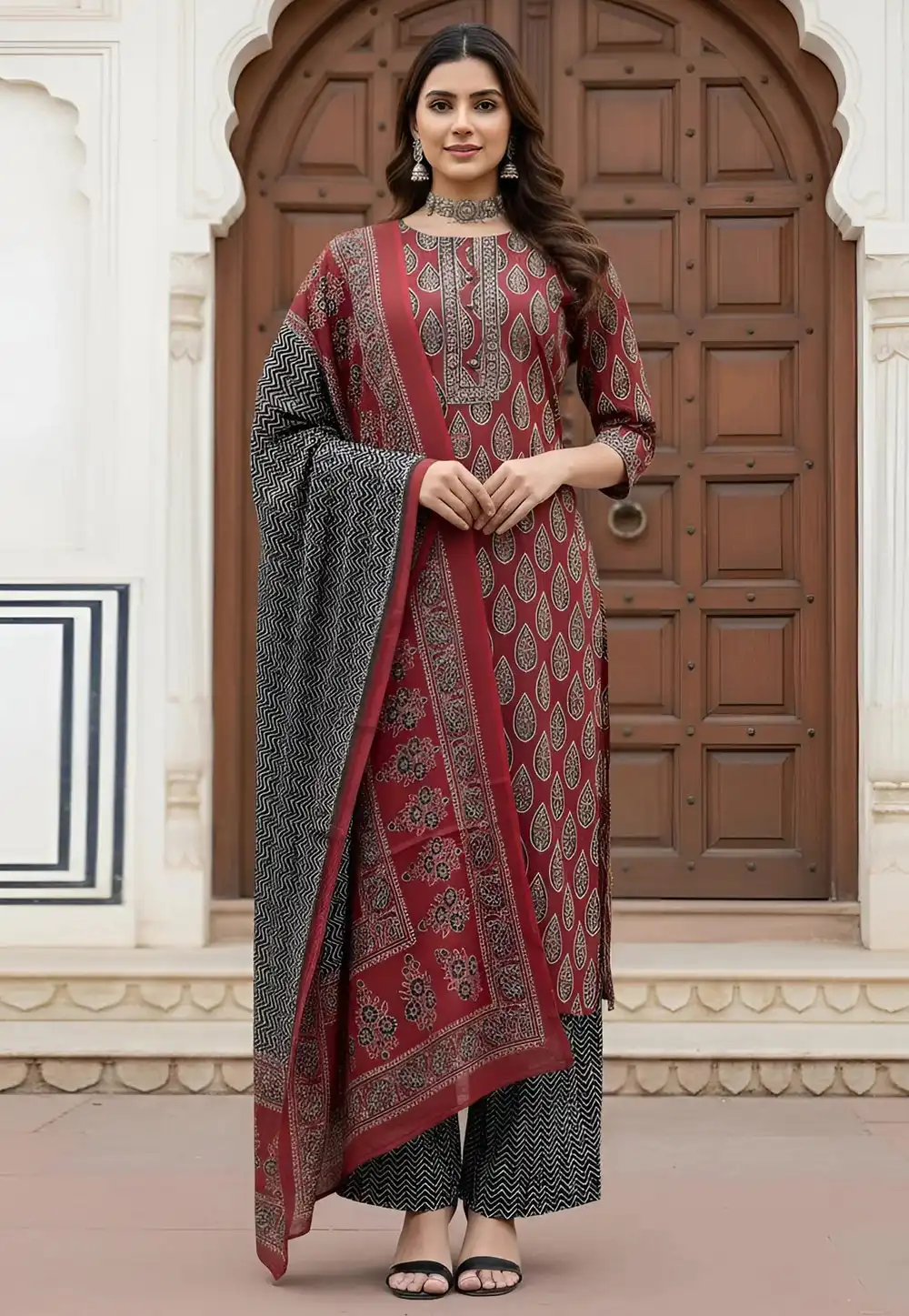 Maroon Cotton Readymade Palazzo Suit 326206
