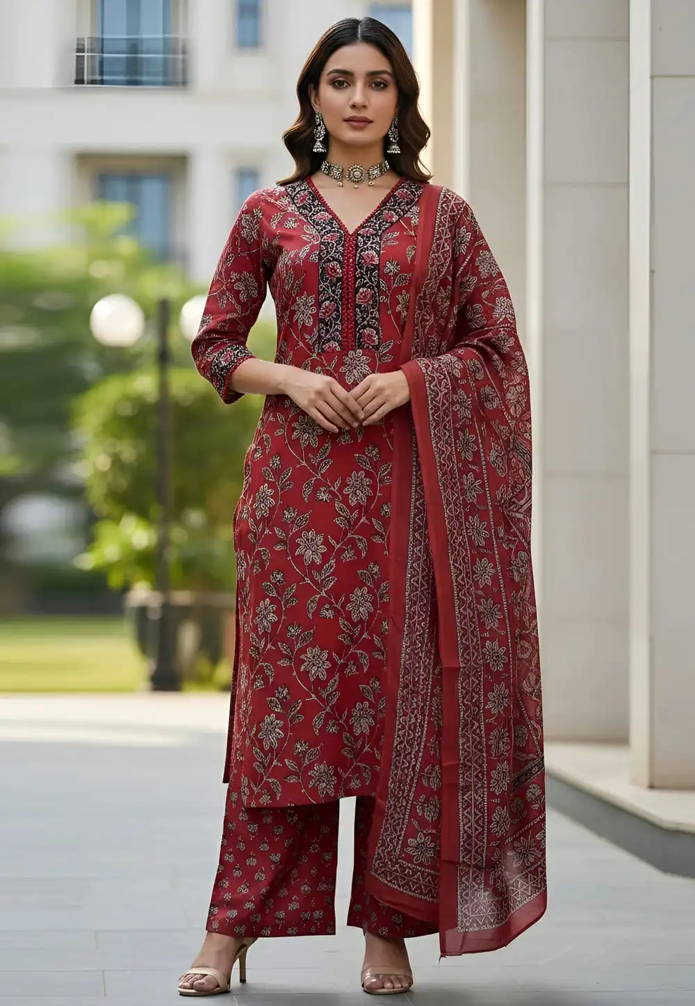 Maroon Cotton Readymade Palazzo Suit 326216