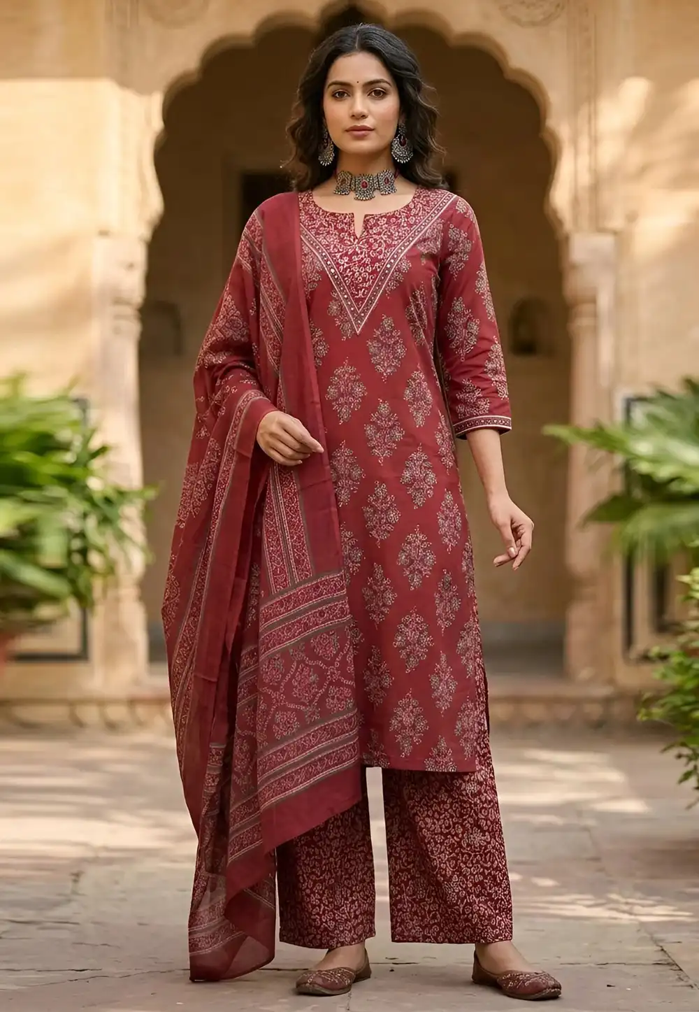 Maroon Cotton Readymade Palazzo Suit 326798