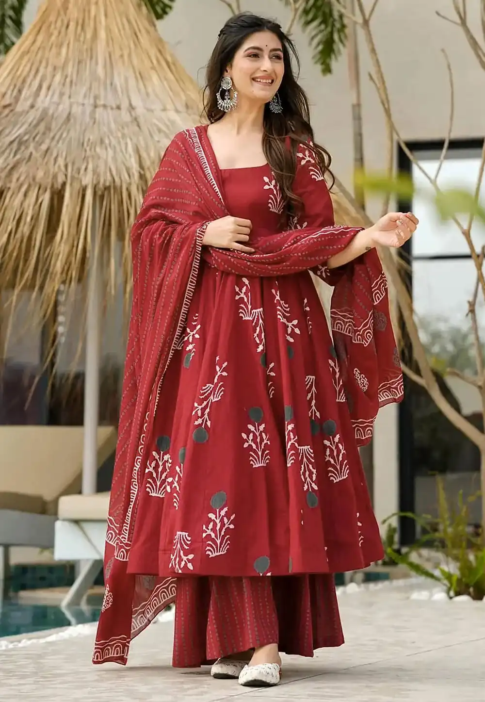 Maroon Cotton Readymade Palazzo Suit 309254