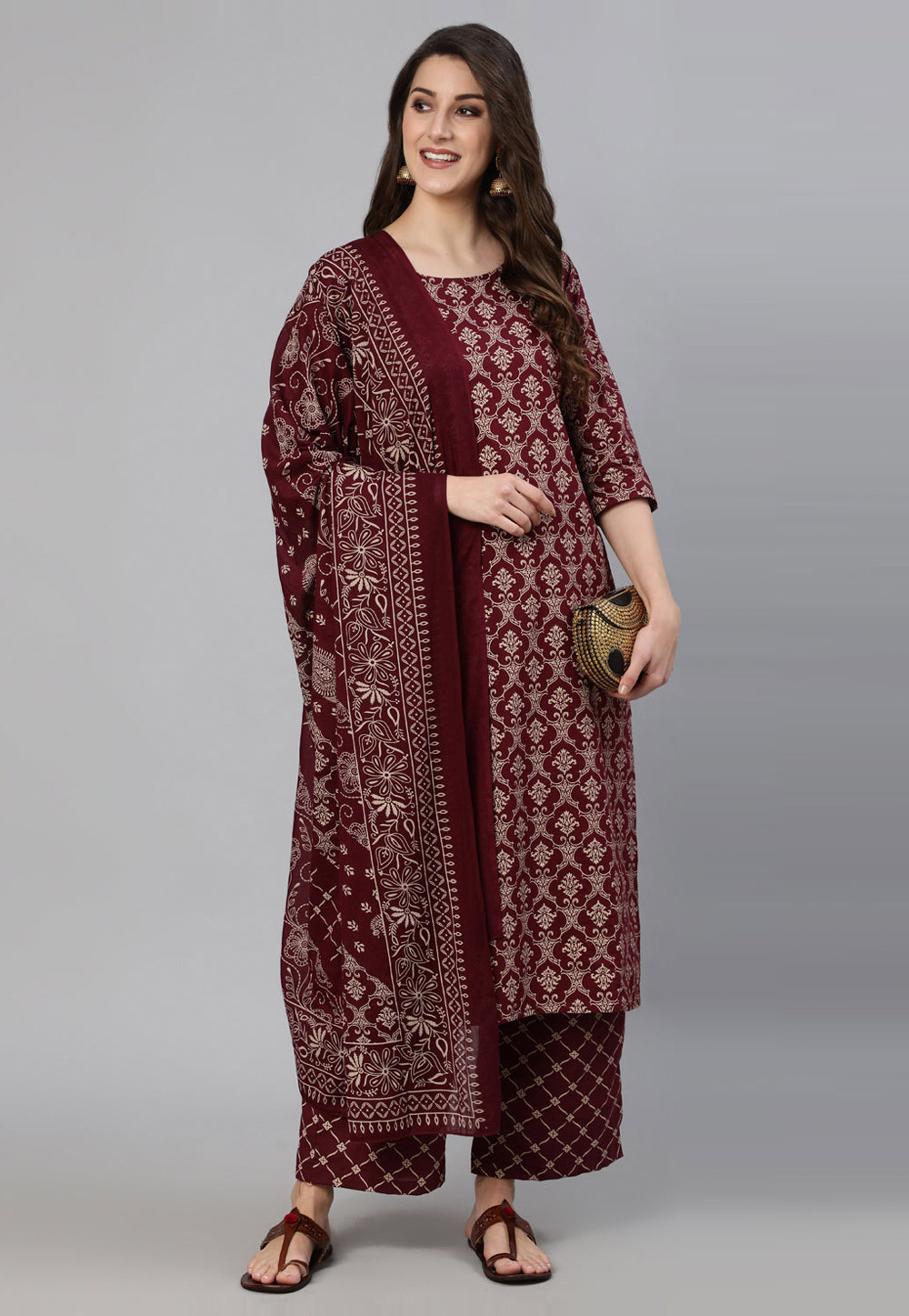 Maroon Cotton Readymade Palazzo Suit 282112