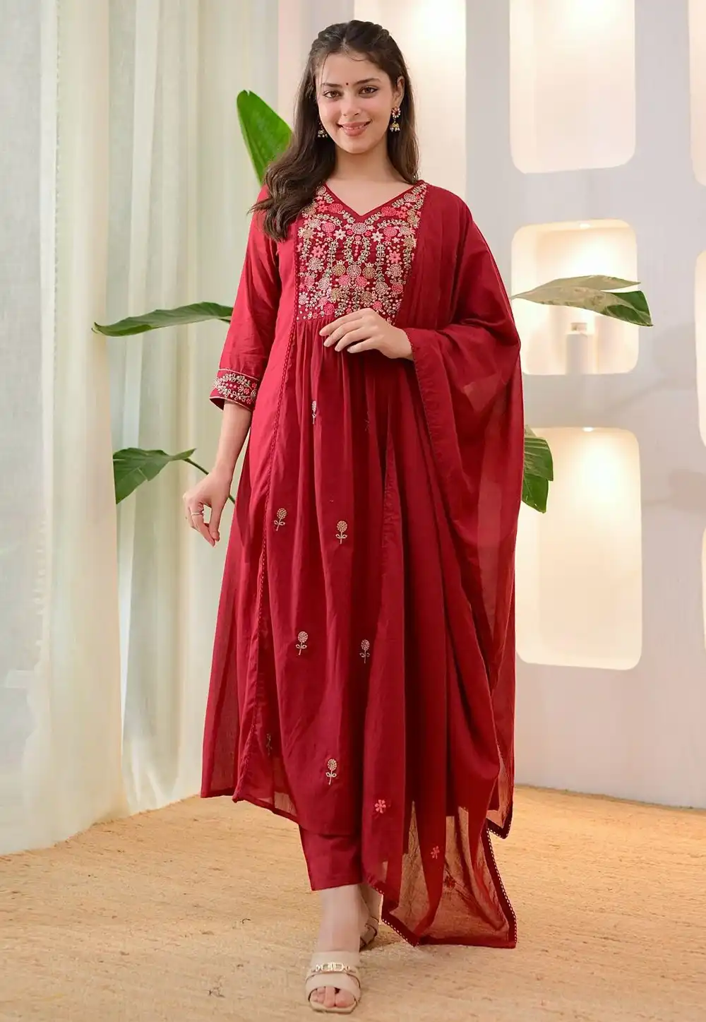 Maroon Cotton Readymade Pant Style Suit 328556