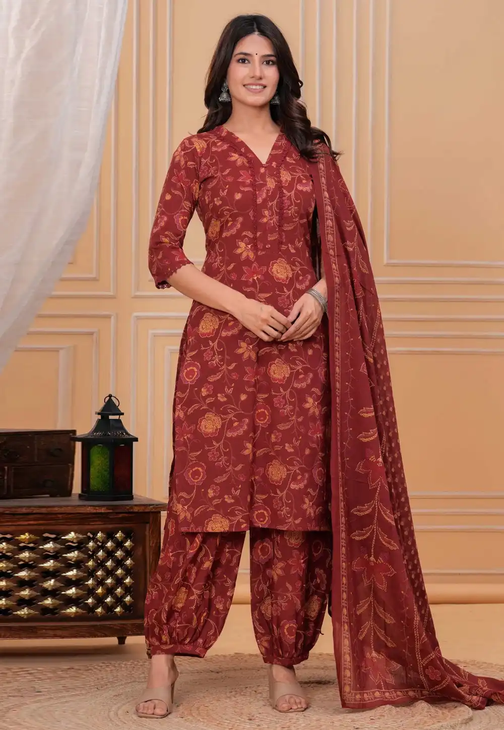 Maroon Cotton Readymade Patiala Suit 314841