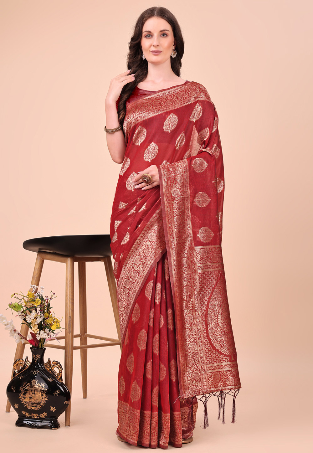 Maroon Cotton Saree With Blouse 308538