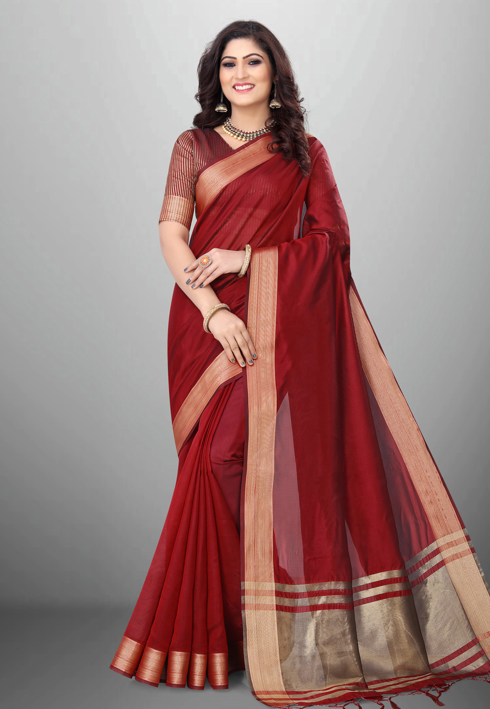 Maroon Cotton Saree With Blouse 278449