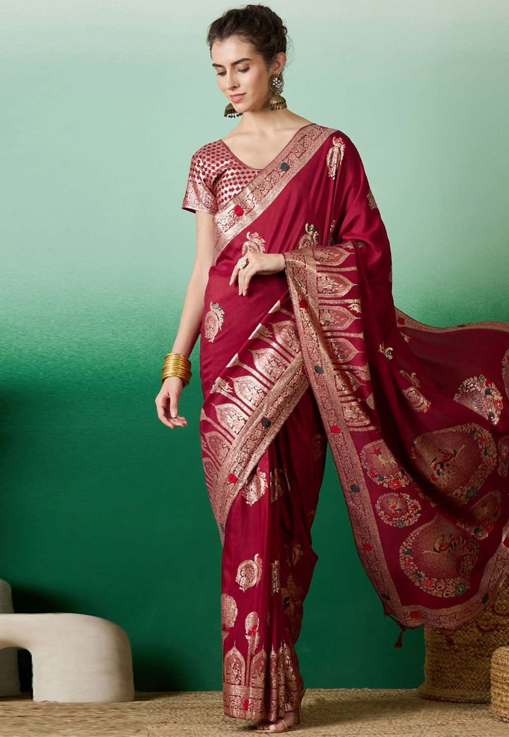 Maroon Cotton Saree With Blouse 310535
