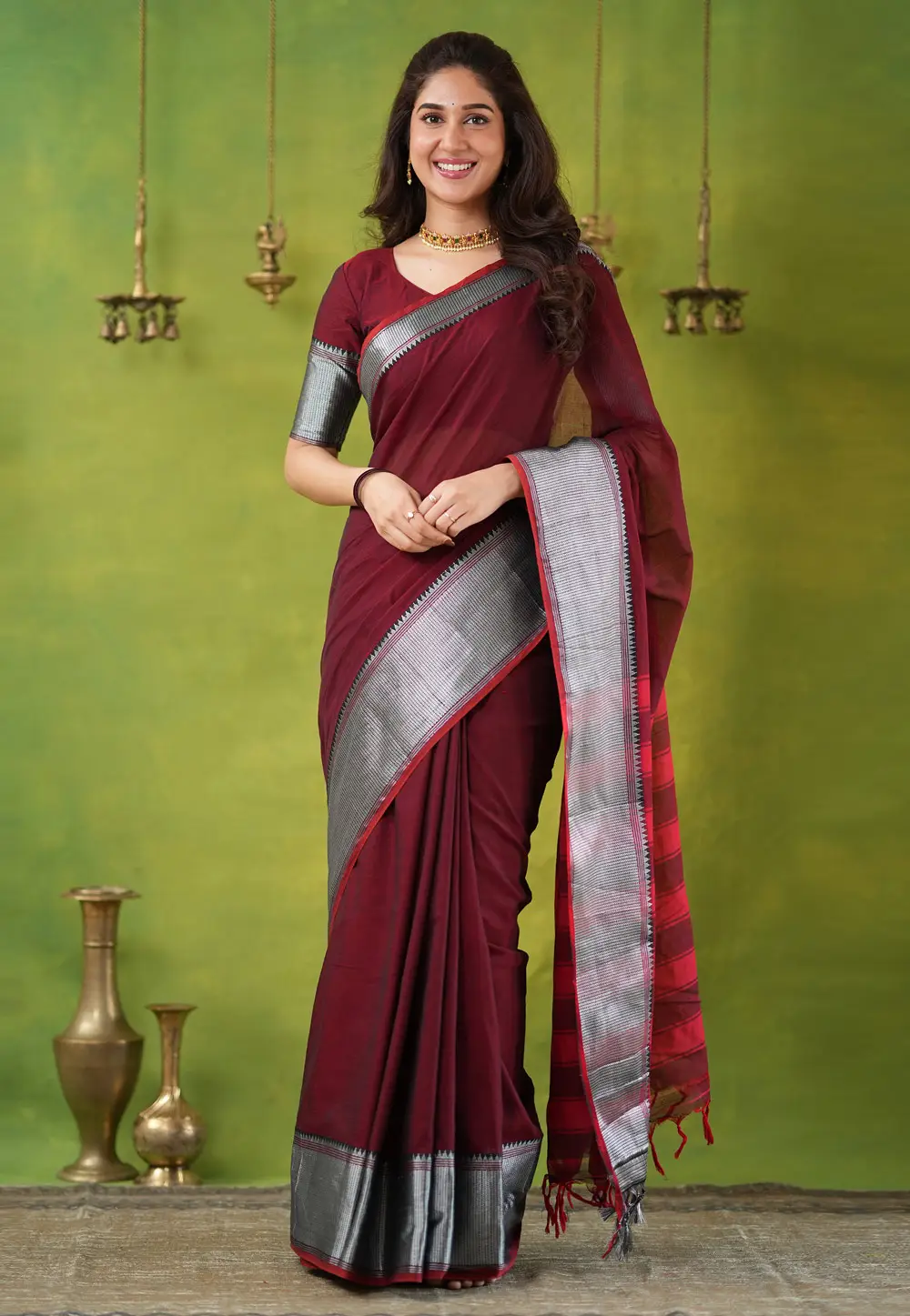 Maroon Cotton Saree With Blouse 332742