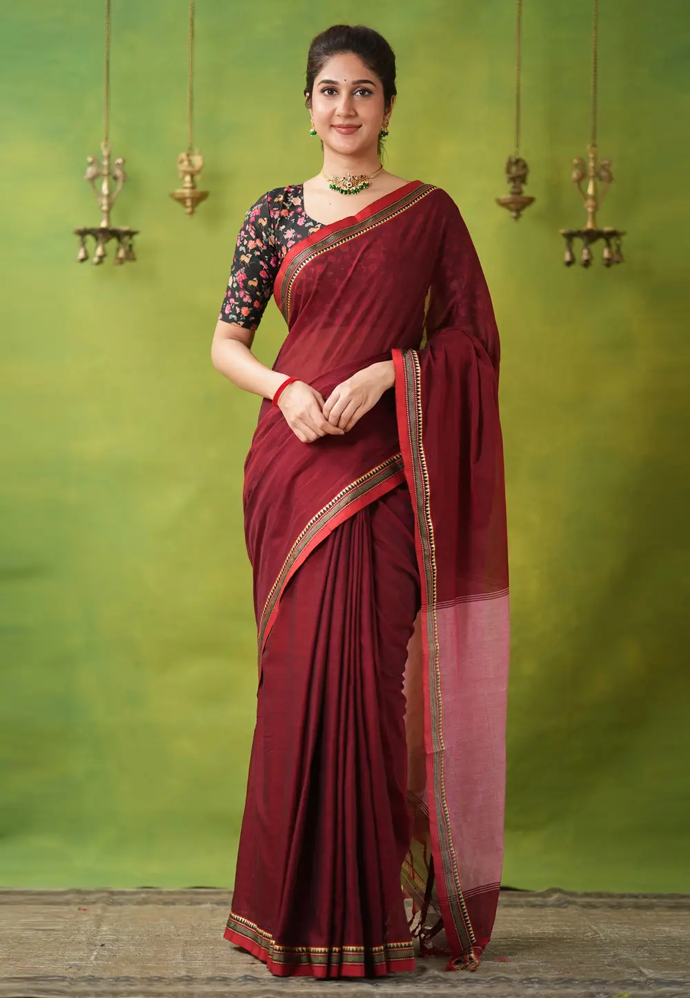 Maroon Cotton Saree With Blouse 332757