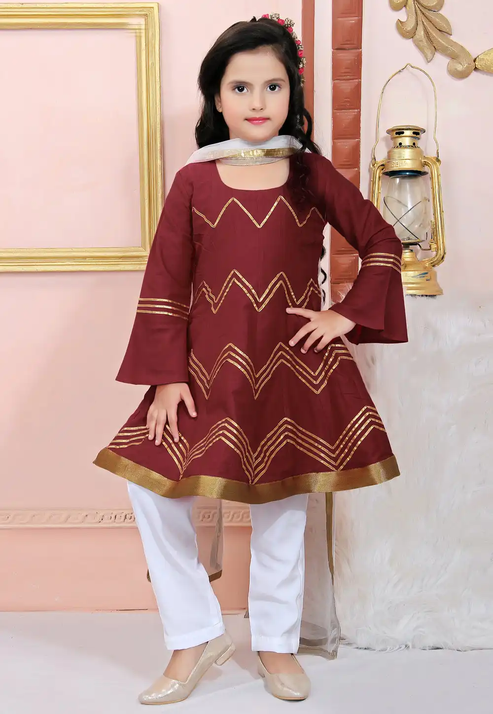 Maroon Cotton Silk Kids Pant Style Suit 312248