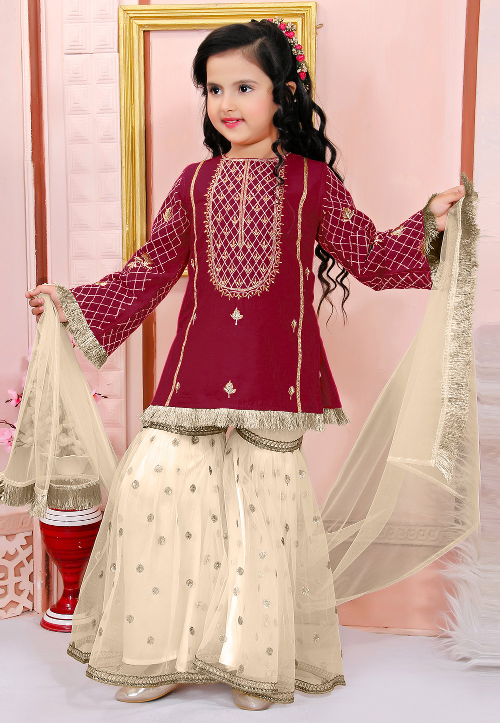 Maroon Cotton Silk Kids Sharara Suit 312244