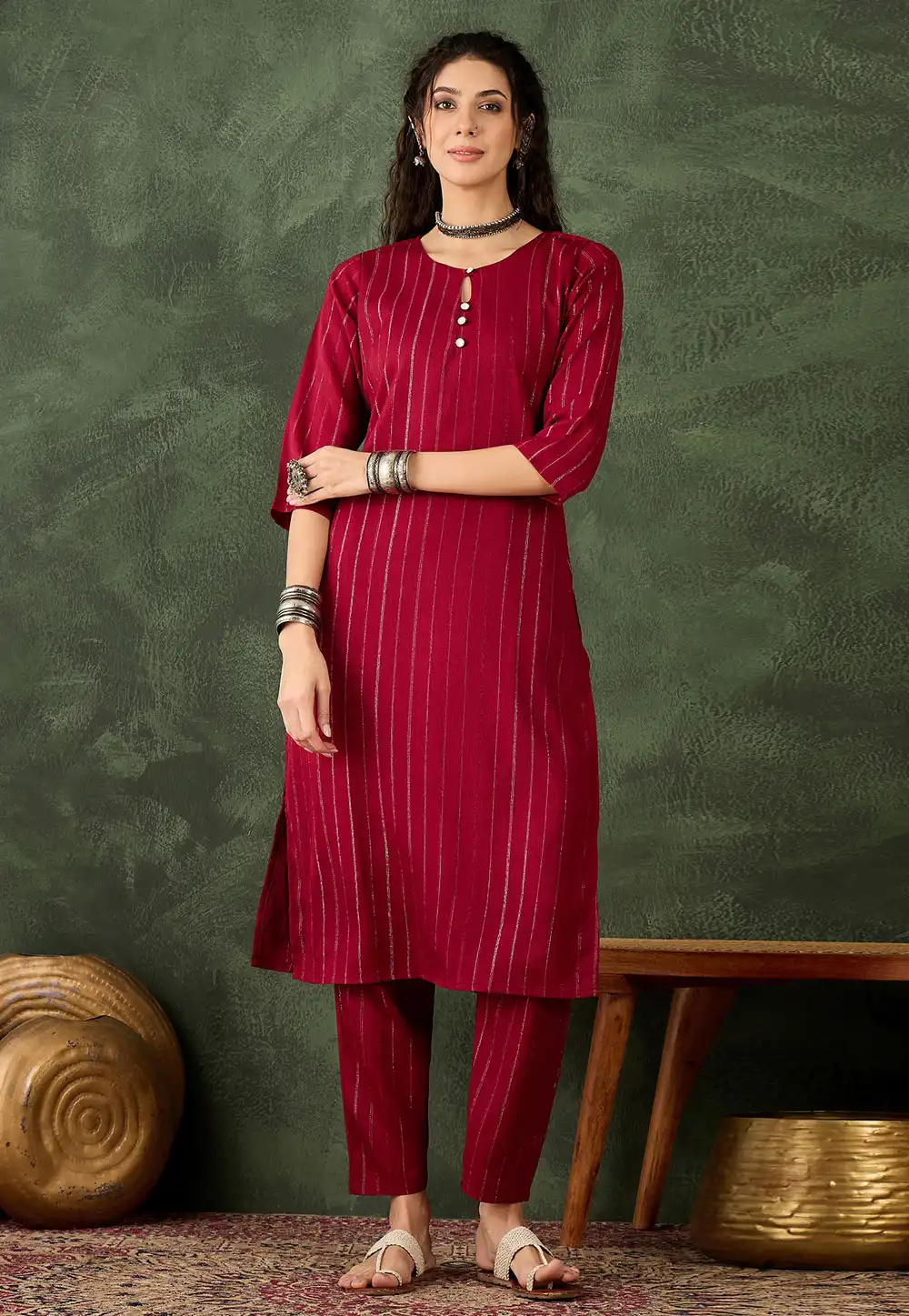 Maroon Cotton Silk Kurta Set With Pant 325220
