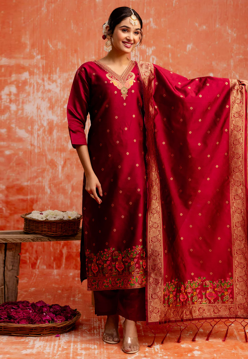 Maroon Cotton Silk Readymade Pakistani Suit 307111
