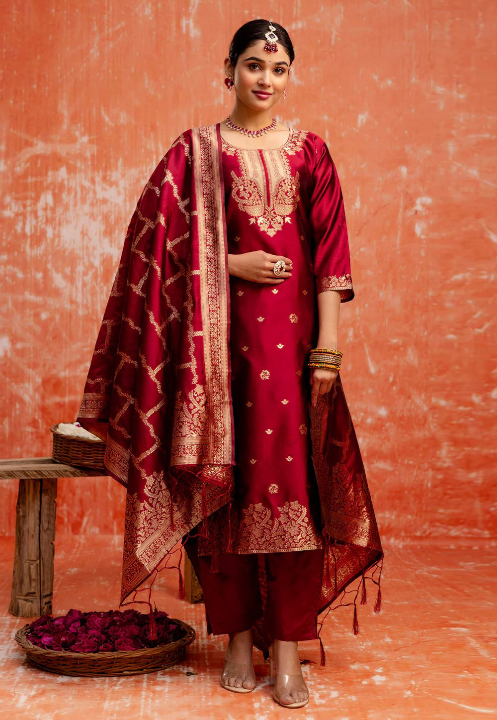 Maroon Cotton Silk Readymade Pakistani Suit 308831