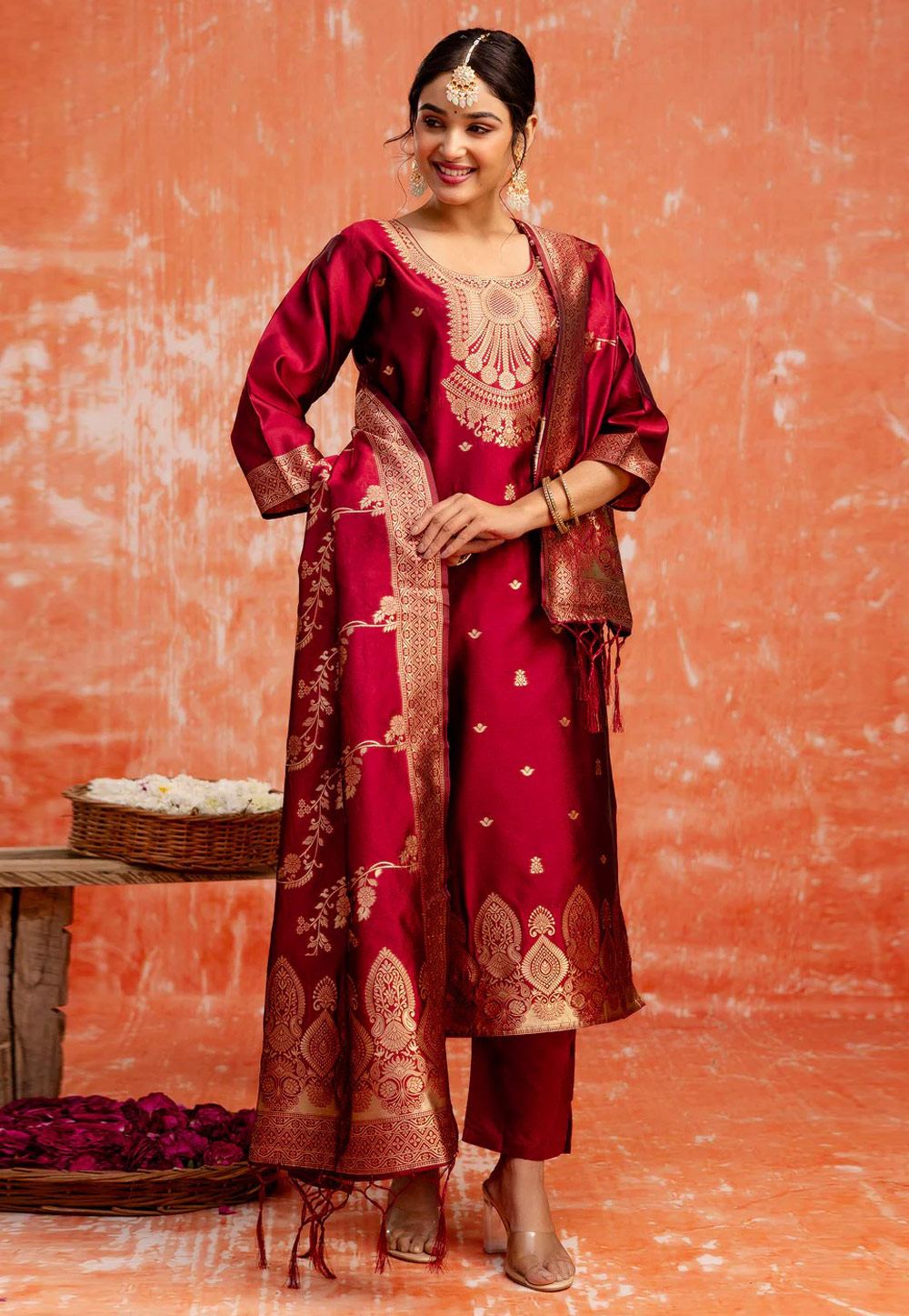 Maroon Cotton Silk Readymade Pakistani Suit 308833