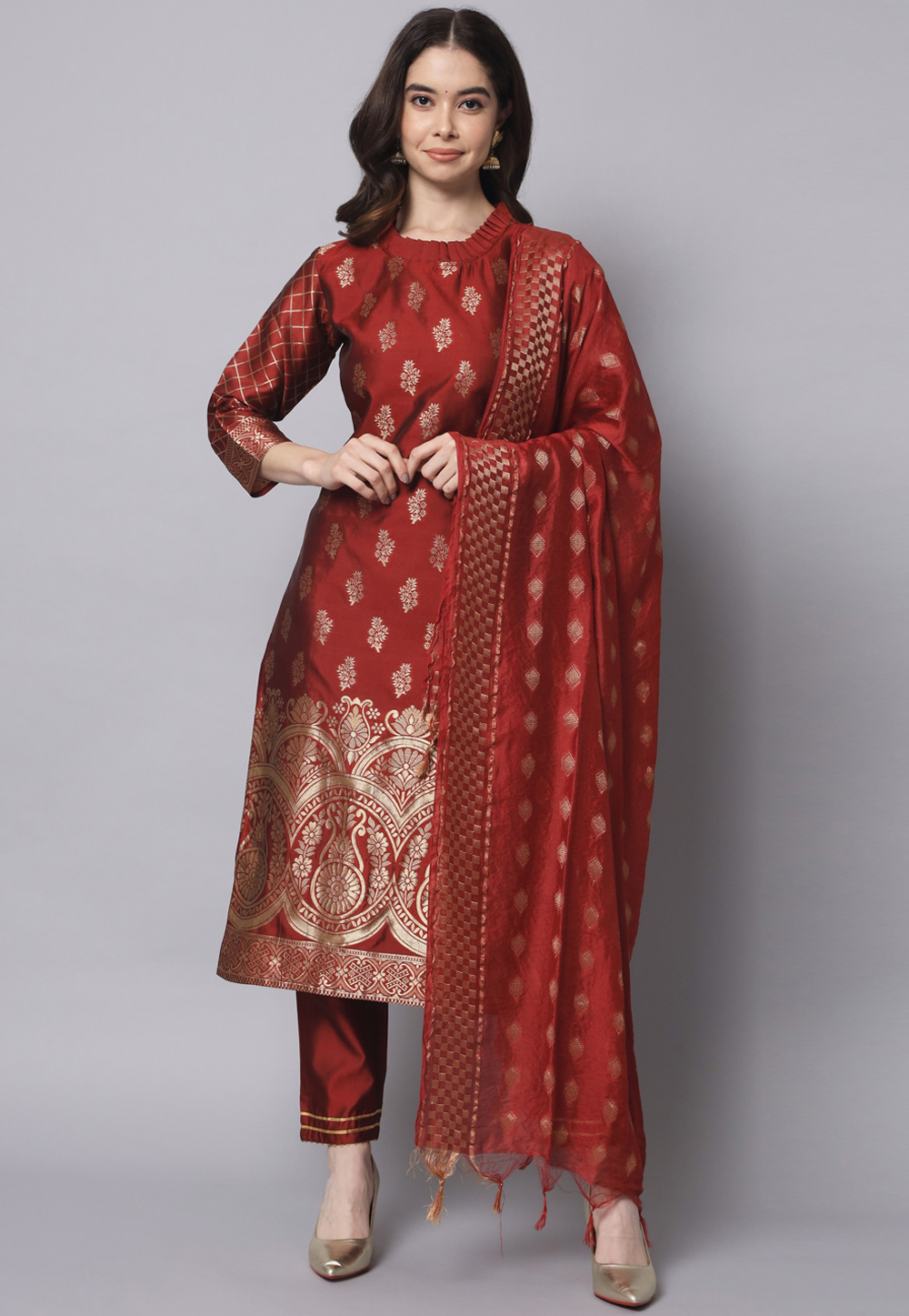 Maroon Cotton Silk Readymade Pakistani Suit 312200