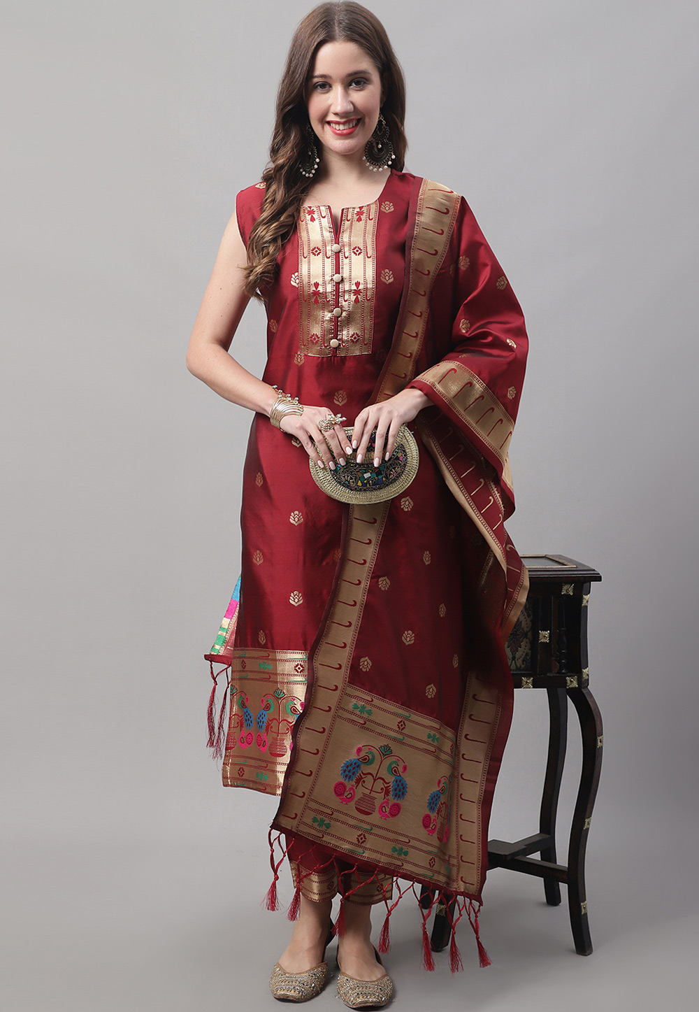 Maroon Cotton Silk Readymade Pakistani Suit 312227