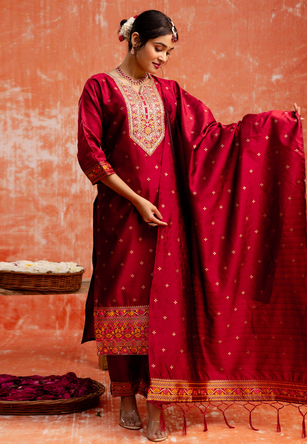 Maroon Cotton Silk Readymade Pakistani Suit 311347