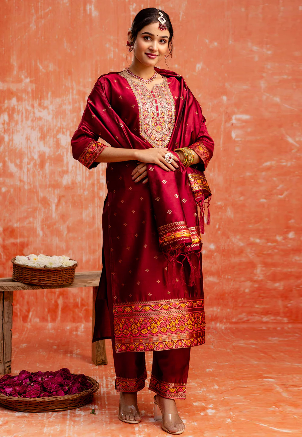 Maroon Cotton Silk Readymade Pant Style Suit 307114